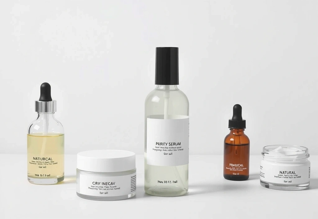 Clear glass bottles of natural serums and creams on a minimalist background, emphasizing purity