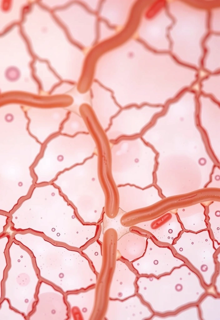 Microscopic view of healthy skin cells with collagen and elastin fibers, illustrating hydration and rejuvenation